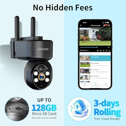 Luovisee 2K Solar Security Camera Wireless Outdoor,WiFi Cameras for Home Security Battery-Powered,Compatible with Alexa,360°PTZ Full Color Night Vision,PLR Alarm,2-Way Audio,Cloud/SD Storage 7