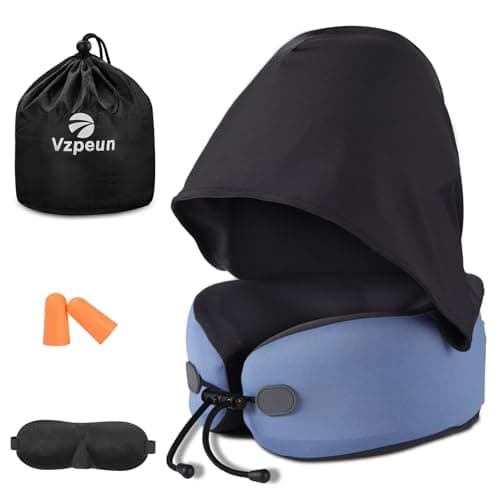 Vzpeun Neck Pillow for Travel - Hooded Memory Foam Plane Pillow for Airplane, Office, Cars Sleeping, Road Trip, Long Flights, Portable Plane Accessories, Includes Eye Mask & Earplugs (Blue)