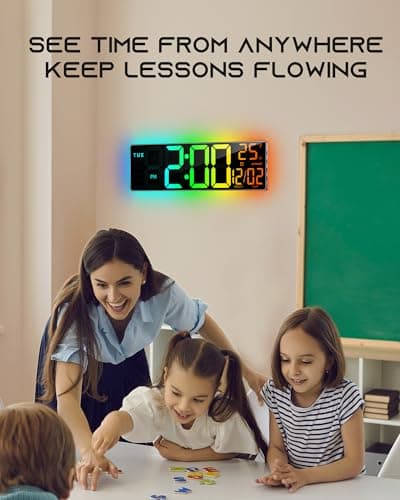 EASYERA 16.5" Large Digital Wall Clock with BT Sync, RGB Lights with 11 Scenes Mode Remote Control, Dual Alarms with Big LED Display, Auto DST, Temperature for Classroom Gaming 6