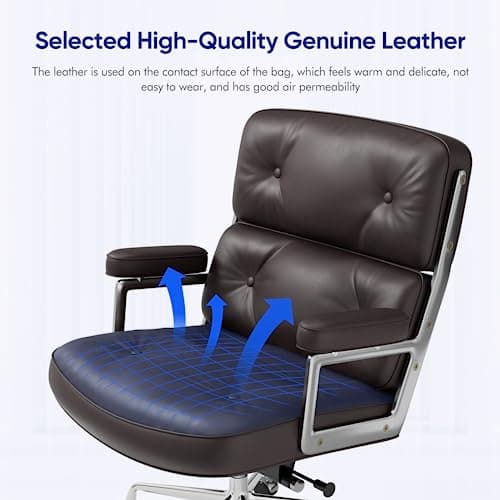 Genuine Leather Office Chair, Mid Back Executive Desk Chairs with Aluminum Arms and Wheels, Swivel Office Leather Chair with Thickened Backrest and Ergonomic Lumbar Support, Brown 9