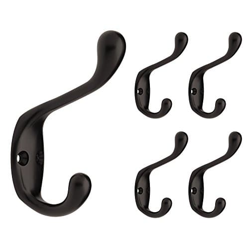 Franklin Brass Heavy Duty (5-Pack) Coat and Hat Wall Hooks Double Hooks for Hanging Matte Black Wall Mount Hanger Backpack, Purse, Bag, Towel Organization Decorative Wall Hooks B42302M-FB-C