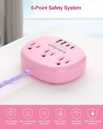 Pink Extension Cord with Surge Protected 1080J - 5 FT Kawaii Power Strip, 1625W Cute Extension Cord with 3 AC Outlet 4 USB (24W/4.8A), Compact for Cute Pink Kawaii Desk Home Essentials 8