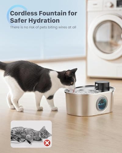 Wireless Cat Water Fountain: Battery Operated Stainless Steel Pet Fountain, Automatic Cordless Water Dispenser Indoor, Metal Faucet Bottle for Drinking, Rechargeable Dog Water Bowl with 1 Filter 9