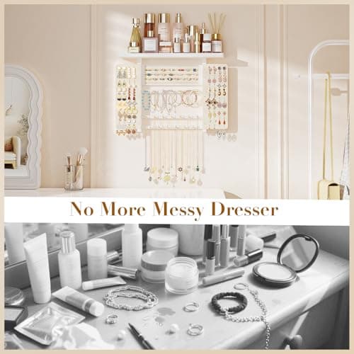 Emfogo Jewelry Organizer Hanging Wall Mounted Jewelry Holder, 5-in-1 Large Capacity Necklace Organizer Wall Hanging Jewelry Display for Ring, Necklaces, Bracelets, Earrings (White) 5