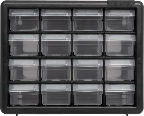 Akro-Mils 16-Drawer Plastic Drawer Storage Cabinet for Garage Organization, Beads, Makeup Organizer, Building Bricks Storage, Teacher Toolbox, 10-1/2" W x 6-1/2" D x 8-1/2" H, 10116 Black 16