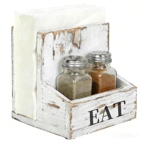 MyGift Napkin Holder for Table, Wood Napkin Holder with Salt and Pepper Shakers Set, Condiment Caddy with Bold Black Printed EAT Design, Standing Paper Napkin Storage for Kitchen Dining Table Decor