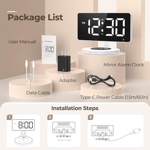 Digital Alarm Clock with Wireless Charging, Mirrored LED Clock for Bedroom Decor with 5 Brightness+OFF, USB Charger, Progressive Volume, Dimmable Light Alarm Clock for Home, Bedroom Office Decor 8