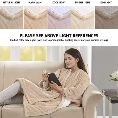 Beautyrest Wearable Electric Poncho Wrap Blanket, Ultra Soft Sherpa & Berber Fleece Heated Throw with Low EMF, UL Certified & OEKO-TEX, 3 Heat Settings & 2 Hour Auto Shutoff, Gift-Ready, 50"x64",Tan 2