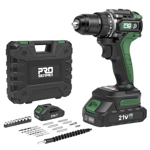 Prostormer Brushless Cordless Drill Set, 575 in.lbs Power Drill Driver, 3/8" Keyless Chuck, 20+1 Max Torque, 2pcs Batteries & Charger with 24 Pcs Drilling Bits & Storage Box
