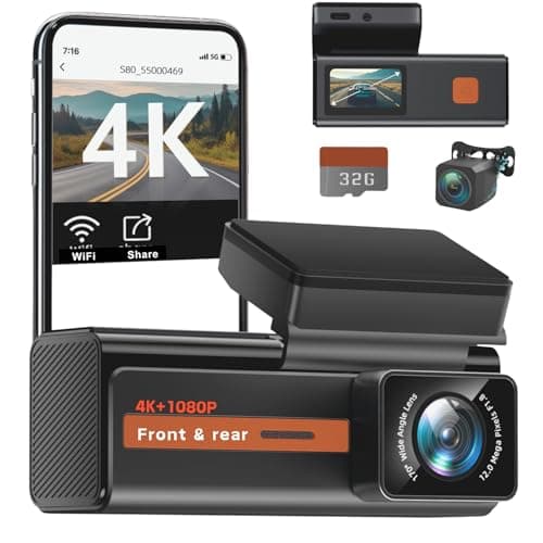 Dash Cam Front and Rear, 4k+1080P Dual Dashcam for Cars, WiFi & App Control Dash Camera,1.5” IPS Car Camera with 32GB Card,170°Wide Angle, Night Vision, 24H Parking Mode, G-Sensor, Support 256GB Max