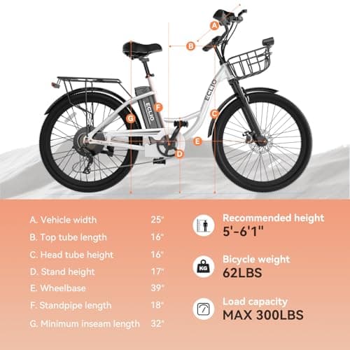 DDC SPORT Electric Bike for Adults, Peak 700W Motor 20MPH, 374.4WH Removable Battery 50Miles, 24'' Step Through City Cruiser Ebike for Commuter, E-Bike with 7-Speed, Front Basket 8