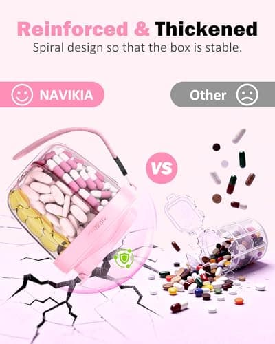 Cute Pill Organizer,Pill Dispenser with 7 Large Compartments,Portable Pill Bottle Box with Wide Opening for Easy Use, Anti-Mix Pills Organizer for Travel,Includes 20 Pcs Sticky Labels（Pink） 7