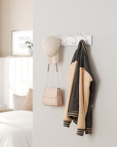 SONGMICS Wall-Mounted Coat Rack, Hook Rack, 4 Dual Metal Hooks, for Coats, Bags, Keys, in the Entryway, Bedroom, Living Room, White ULHR23WT 7