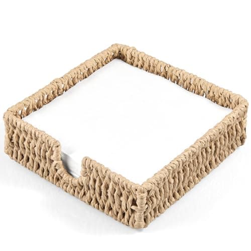Napkin Holder for Table, Woven Paper Rope Napkin Holders For Paper Napkins, Wicker Napkin Holders for Kitchen Dinner Table Boho Decor and Accessories, Square Napkin Basket and Serving Tray