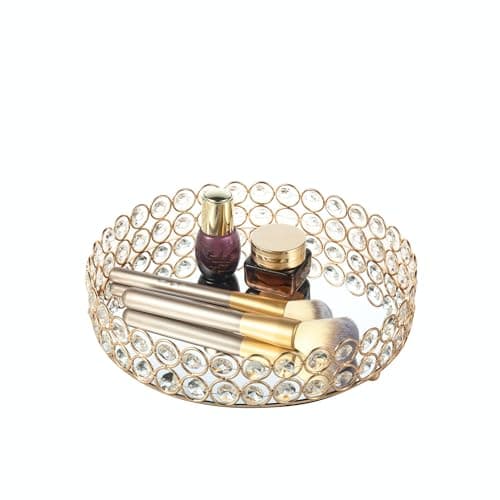 Feyarl Crystal Perfume Tray Makeup Cosmetic Vanity Organizer Jewelry Trinket Display Storage Mirrored Decorative Tray Skin Care Tray for Dresser Home Deco Birthday Gift(Round 10" inch) (Gold) 8