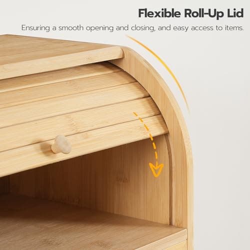 HOOBRO Bread Box, Bamboo Bread Box for Kitchen Countertop, 2 Tier Roll-Top Bread Bin, Food Storage Box, Large Capacity Keeper, Wooden Storage Cabinet, for Kitchen, Dining Room, Natural YL13MB01 5