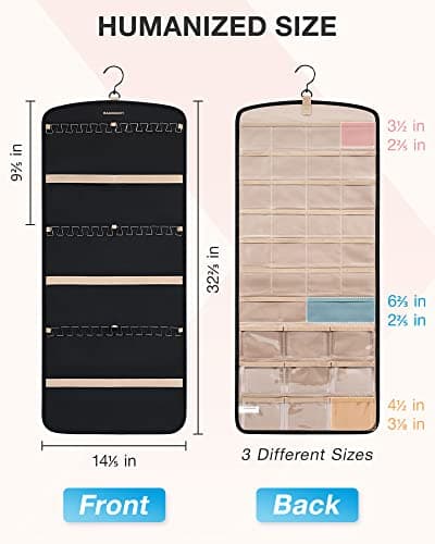 BAGSMART Hanging Jewelry Organizer, Necklace Holder Anti-tangle Earrings Rings Hanger with 20 Jewelry Bags Travel Storage Roll with Pockets Hang on Closet, Wall, Door,1 Piece, Large, Black 6