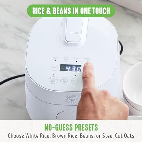 GreenLife Digital Rice & Beans Cooker, 2-Cups Uncooked/4-Cups Cooked, Removable Nonstick Ceramic PFAS-Free Pot, One-Touch Presets, Oats, Quinoa, Brown Rice, Auto Keep Warm, Fuzzy Logic Tech, 1.5 QT, White 5