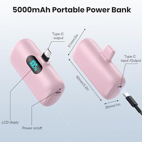 Mini Portable Charger USB C Power Bank,Upgraded 5000mAh PD Fast Charging Battery Pack Built-in USB-C Connector Travel Essential for iPhone17/17Pro/17Pro Max/Air/16 Plus/16Pro Max/15 Series,Android etc 5