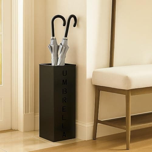 Hiceeden Square Metal Umbrella Holder, Free Standing Umbrella Rack Stand for Indoor Entryway, Umbrella Canes Walking Sticks Storage Bin for Office, Home, Hotel, Shop, 6.3" x 6.3" x 16.5", Black 9