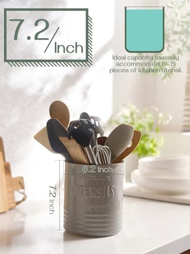 DOWAN 7.2″ Extra Large Kitchen Utensil Holder - Farmhouse Utensil Holder for Countertop - Ceramic Utensil Crock with Protection Cork Mat - Kitchen Decor & Housewarming Gift (Grey) 5