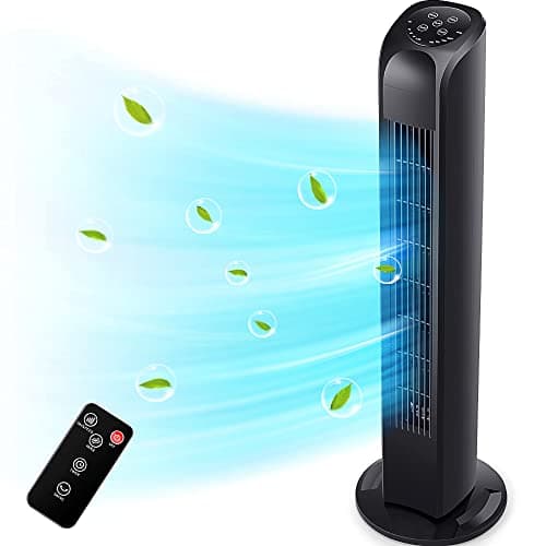 Uthfy Oscillating Tower Fan with Remote, Electric Standing Floor Fan for Bedroom Indoor Office and Home Use,Quiet Cooling Portable Bladeless Tower Fans, 30 inchs, Black