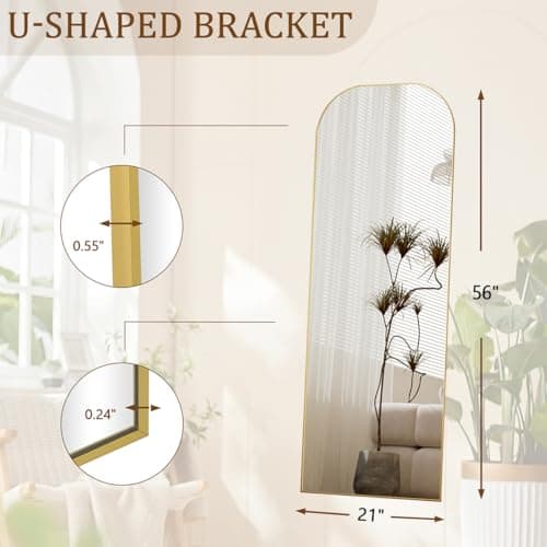 Koonmi Full Length Mirror, 56"x21" Mirror Full Length with Stand, Gold Domed Top Square-Edged Floor Mirror with Aluminum Alloy Frame for Bedroom Living Room 5