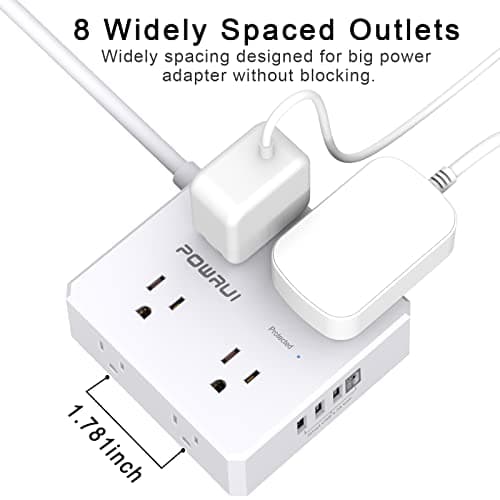 Surge Protector Power Strip - 6 Ft Flat Plug Extension Cord with 8 Widely Outlets and 4 USB Ports(1 USB C), 3 Side Outlet Extender for Home Office, White, ETL Listed 6