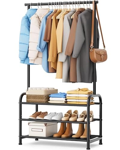 MISSLO Sturdy Clothing Racks for Hanging Clothes with 3 Shelves Garment Rack Heavy Duty Clothes Rack with Shoe Storage for Coats, Garment, Dress, Black