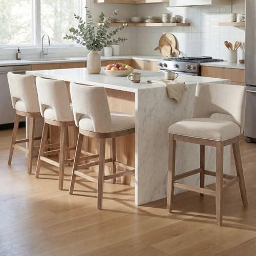 DM Furniture Farmhouse Bar Stools Set of 4, 26" Counter Height Barstools, Linen Upholstered Barstools with Open Back for Kitchen Island/Breakfast Bar/Home Pub, Beige