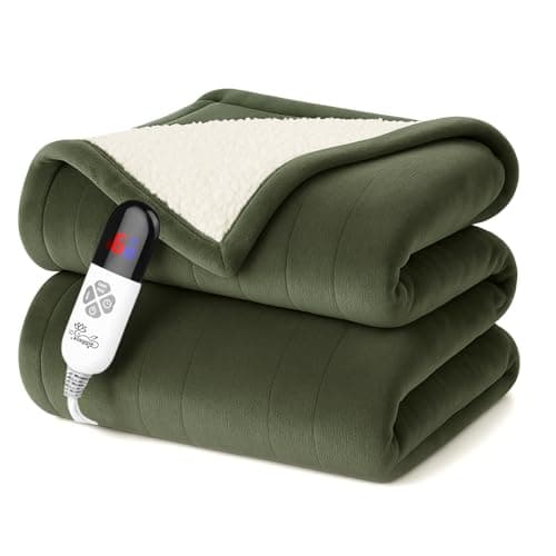 Klaggie Electric Heated Throw Blanket Sherpa 50"x60" Green Machine Washable 6 Heat Settings 4 Hours Auto Off Overheat Protection for Home Office Use