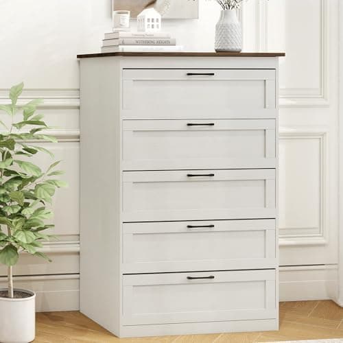 LYNSLIM 5 Drawers Dresser, Farmhouse Dressers for Bedroom，43" Tall Wood Rustic Chests of Drawers with Dual Color Desktop，Modern Organizers and Storage Dressers with Black Handle of Living Room，Hallway