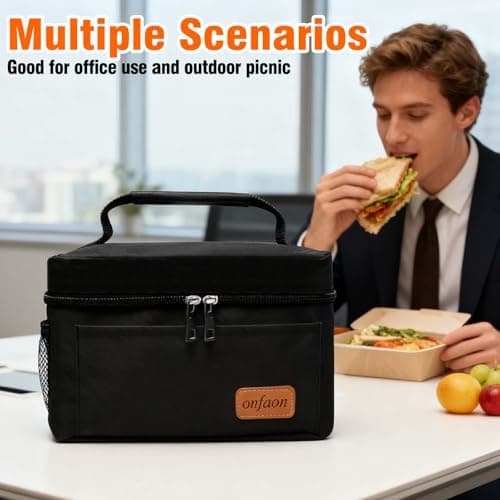ONFAON Lunch Bag for Men/Women, Insulated Reusable Lunch Box Leakproof Cooler Tote Bag Freezable with Adjustable Shoulder Strap for Office Work Picnic Beach(Black) 7