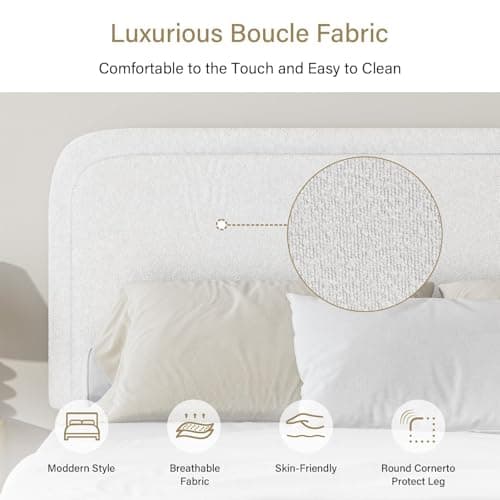 BarnFurin Queen Bed Frame,Cloud Boucle Upholstered Platform Bed Frame with Headboard, Modern Style, Soft Rounded Corners, No Box Spring Required, Easy Assembly, White 6