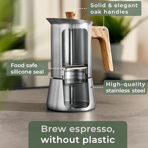 WALDWERK Stainless Steel Moka Pot (10oz) - Toxic Free Moka Pot with Oak Wood Handle - Stovetop Espresso Maker - Italian Coffee Maker for Stovetop and Induction 3