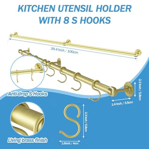 ROTHLEY Stainless Steel Pot and Pan Hanger - 39.4 Inch Wall Mounted Hanging Pots and Pans Rack for Kitchen Wall Rail with Hooks (Brass) 2