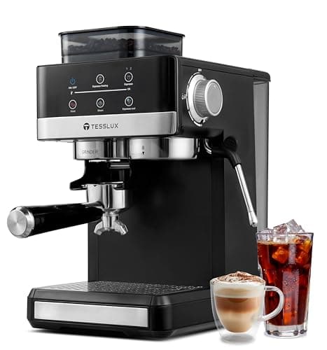 tesslux Espresso Machine with Grinder, 20 Bar Compact Espresso Maker with Milk Frother Steam Wand, Professional Coffee Machine for Home, Touch Control, Cappuccino & Latte Maker