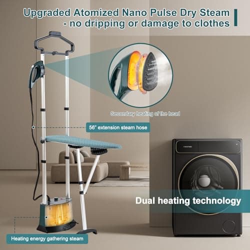 ARSFUTU Standing Garment Steamer 1500W Professional Steamer for Clothes 25s Fast Heat-up with 1.6L/54 fl.oz Water Tank, Self-cleaning Function, Foldable Ironing Board, Ironing Gloves (Green) 5