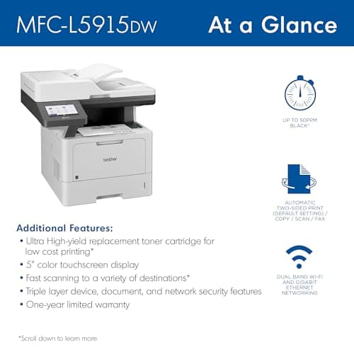 Brother Professional Laser Printer All-in-One with Scanner and Copier, High-Speed 50 ppm Monochrome Printing, Wireless Network Ready, Dual-Band WiFi, Auto 2-Sided Print (MFC-L5915DW) 3