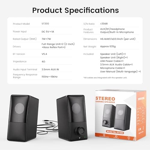 kstime Computer Speakers with Bluetooth 5.4, 14W Bass Reflex Stereo PC Speakers with 15° Tilted Design, USB Powered & AUX Inputs, Built-in Mic & Headphone Jack for Desktop, Laptop, and Phones 9