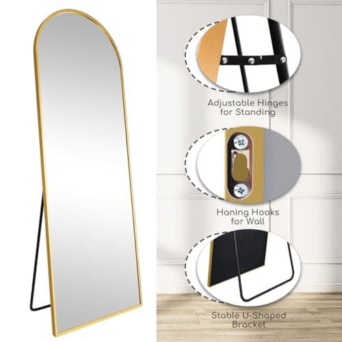 FVANF Arched Full Length Floor Mirror Standing Hanging or Leaning Against Wall, for Bedroom, Wall-Mounted Mirror with Aluminum Alloy Frame, 64"x21" (Gold) 5