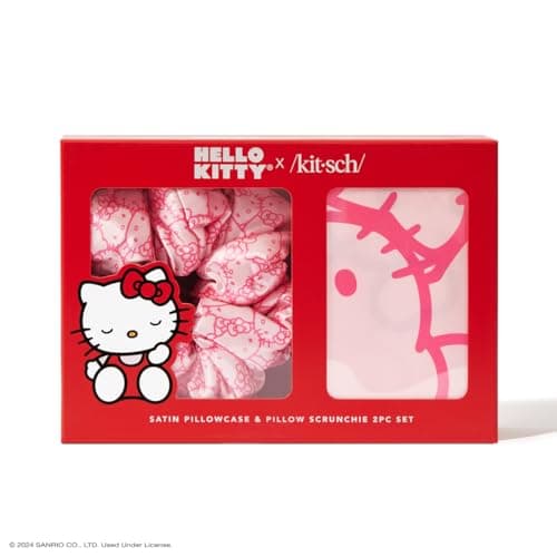 Kitsch Hello Kitty Satin Pillowcase, Softer Than Silk for Hair & Skin, Machine Washable, Wrinkle-Free, Standard Size, and Satin Scrunchies No Damage Hair Ties Pink Kitty Faces, 2 Piece Set 5