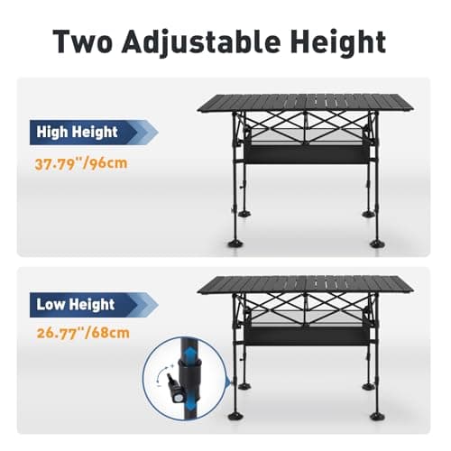 ALPHA CAMP Folding Camping Table, Portable Roll-up Table with Adjustable Height, Large Storage Bag and Carrying Bag, Tall Aluminum Table for Indoor & Outdoor Picnic BBQ Backyards Beach 5