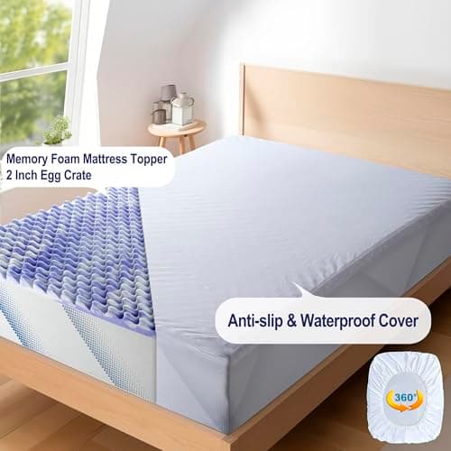 BreezeRest Memory Foam Mattress Topper 2 Inch Egg Crate King,Purple Supportive Gel Foam Mattress Topper for Pressure Relief,Bed Topper in a Box CertiPUR-US Certified, King Size, Blue and White 8