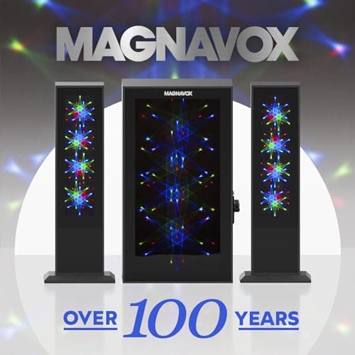 Magnavox MHT990 2.1 Home Entertainment System with Bluetooth Wireless Technology and Color Changing Lights in Black | AUX Port | Subwoofer with 2 Speakers | Pulsing Lights | 7