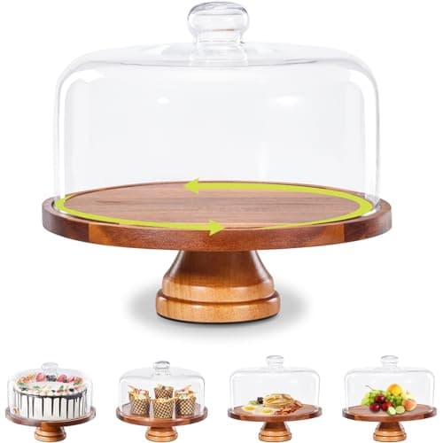 Yangbaga Glass Cake Stand with Lid,11in Wooden Rotating Cake Stand with Dome Cover, Cake Plate Display Server Tray for Birthday Kitchen Party