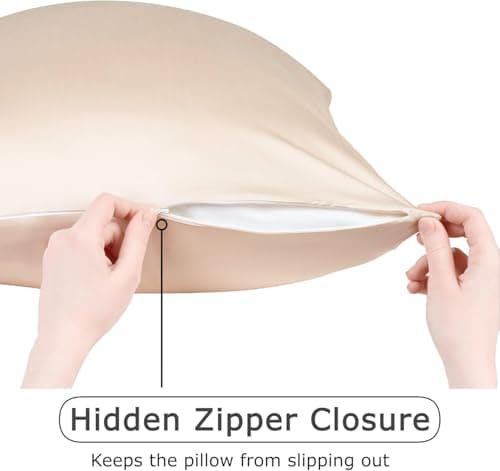 Vegan Silk - Anti Acne Pillowcase - Queen Size 20"x30" with Zipper, Premium 75% Viscose Derived from Bamboo, 25% Modal Blend, Beige, 1 Piece - Cooling Silky Satin Pillow Case - Oeko-TEX Certified 6