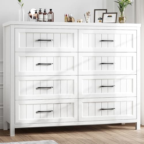 Jocoevol Farmhouse Dresser 8 Drawer Dresser for Bedroom, Large Wooden Dressers Double Grey Dresser with Deep Drawers Dressers for Hallway, Entryway (White)