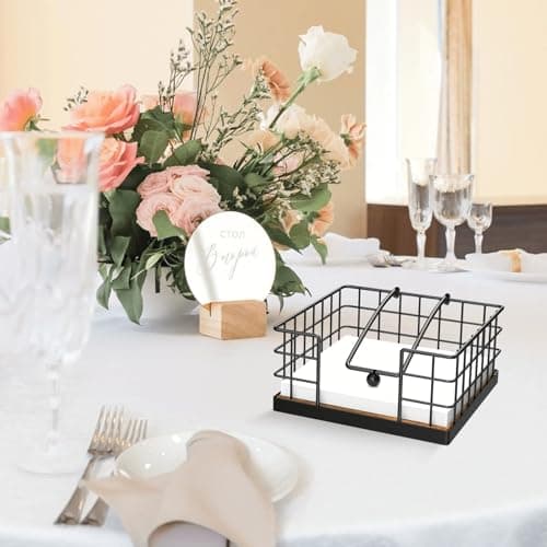 Homode Napkin Holder for Table, Farmhouse Napkin Holders for Paper Napkins, Flat Napkin Basket with Weighted Arm, Wood Kitchen Napkin Dispenser, Rustic Brown and Black 6