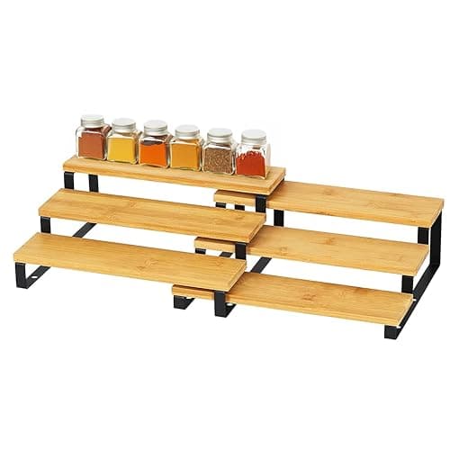 RoyalHouse Bamboo and Metal Expandable Spice Rack Organizer, Cabinet Shelf Organizers, 3-Tier Adjustable Kitchen Cabinet, Countertop Display Shelf, Space Organizer for Kitchen and Bathroom
